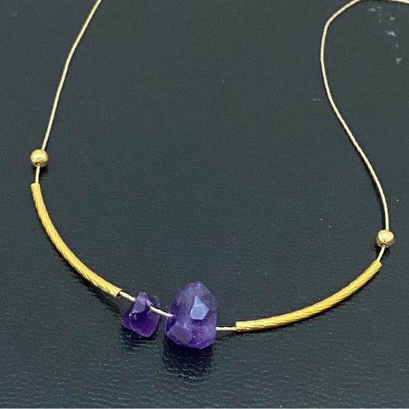 Natural Raw Amethyst Pendant Magnetic Clasp Gold-tone Skinny Chain Necklace - Picture 6 of 15